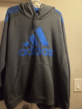 adidas Men’s Dark Gray Hoodie with Blue Logo & Stripe Accents